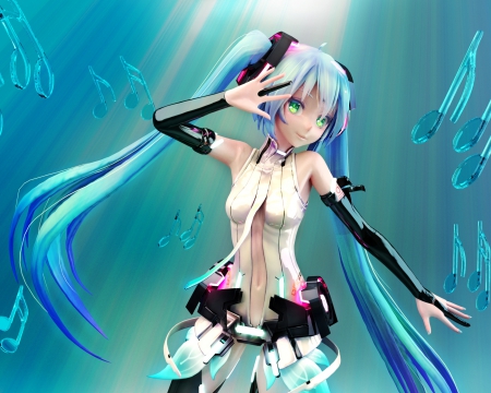 Append Miku - anime, vocaloid, female, hatsune miku, long hair, blue hair, hd, notes, abstract, anime girl, twintails, append, hot, girl, relistic, cg, miku, append miku, cute, aqua hair, hatsune, 3d, sexy, vocaloids