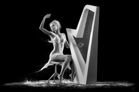 dress of milk - milk, photography, dress, girl, creative, music, black, fantasy, harp, white, bw, art