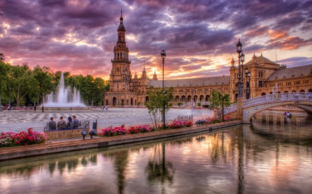 Seville, Spain - sky, building, people, water, park, bench, fountain, clouds, hdr, flowers, europe