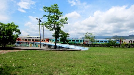 Painted train - train, blue sky, painted train, tour