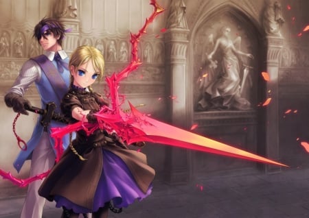 Fighting Pair - lover, sowrd, blond hair, blonde hair, sinister, warrior, long hair, pair, serious, anime grl, dress, female, blond, evil, angry, blade, armor, brown hair, anime, eyepatch, short hair, team, love, male, couple, statue, girl, twintails, braids, boy, weapon, tatue, group, blonde