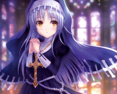 Lil' Nun - pretty, anime, female, angel beats, long hair, church, kanade tachibana, tachibana, kanade, hd, nice, purple hair, yellow eyes, anime girl, hot, nun, girl, cros, lovely, sweet, tachibana kanade, sister, cute, sexy