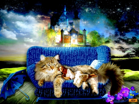 DREAM BED - redhead, sofa, cat, castle, bead, dreamy