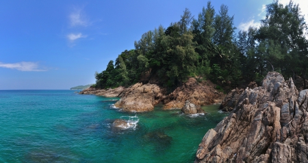 Emerald - trees, water, beautiful, green, turquoise, ocean, rocks, bay