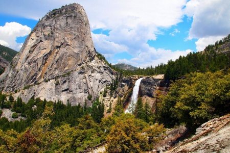 Waterfall - clouds, national park, trees, water, green, rock, forest, mountains