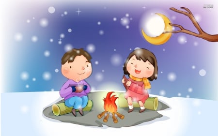 Bonfire in the snow - kid, vector, fire, snow