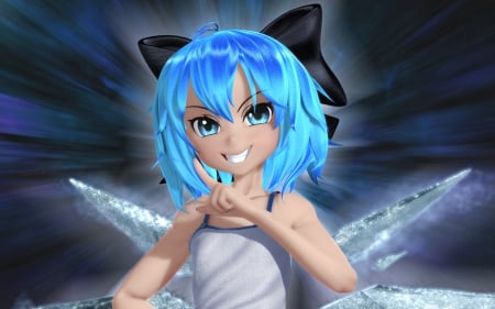 Trollin - anime, female, wing, short hair, touhou, blue hair, ribbon, hd, blue eyes, anime girl, realistic, cirno, hot, girl, cg, wings, fairy, cute, 3d, sexy, close up