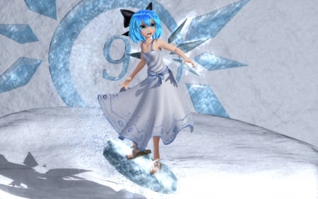 Ice Surfing - surf, cute, hot, anime girl, girl, surfing, wings, 3d, fairy, blue hair, rcg, touhou, short hair, cirno, wing, anime, hd, dress, sexy, female, ice, realistic