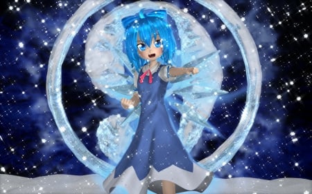 Strongest - anime, female, wing, snowflakes, snow, short hair, touhou, blue hair, hd, fist, blue eyes, anime girl, realistic, cirno, hot, girl, cg, ice, wings, fairy, cute, 3d, sexy