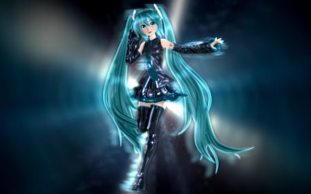 Joyful - realistic, female, hot, anime girl, anime, miku, cute, hatsune miku, sexy, twintails, light, long hair, cg, vocaloids, hd, glow, hatsune, abstract, 3d, vocaloid, green hair