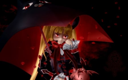 Queen of Rose - anime, female, blonde, blond hair, gloomy, evil, long hair, dark, scary, gloom, umbrella, blond, horror, hd, scare, creepy, anime girl, realistic, creep, hot, girl, blonde hair, petals, darkness, red eyes, cg, black, sinister, cute, 3d, sexy