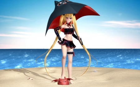 Swimsuit - cute, blond hair, beach, blonde, hot, anime girl, ocean, girl, umbrella, blond, blonde hair, bikini, 3d, water, anime, hd, twintails, cg, sand, long hair, sexy, female, swimsuit, sea, realistic