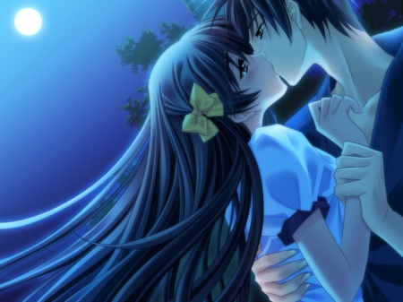 ♡ Kiss ♡ - anime, female, romantic, guy, romance, night, light, dark, boy, male, kiss, hug, moon, anime girl, hot, girl, cool, love, glow, handsome, passion, lover, sexy, couple