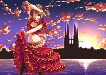 Dancer - hot, anime girl, tower, elegant, view, dancing, building, sexy, scenic, divine, floral, beautiful, sunrise, sea, dress, dancer, beauty, sky, tango, female, water, rose, snset, gorgeous, cloud, anime, house, cute, scene, maiden, ocean, girl, dance, night, gown, hd, scenery, flower