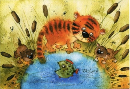 KITTY AT THE POND - kitty, fish, characters, story, book, pond, curious