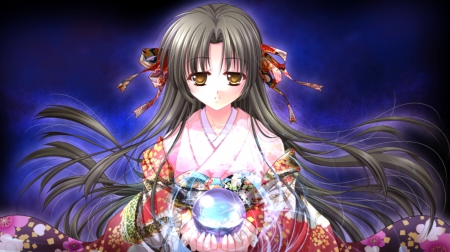 Crystal Ball - sexy, hot, girl, brown eyes, female, long hair, ball, anime girl, brown hair, crystal, anime, yukata, ribbon, kimono, cute