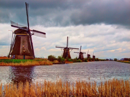 Windmill Road - nature, sky, clouds, river, mills