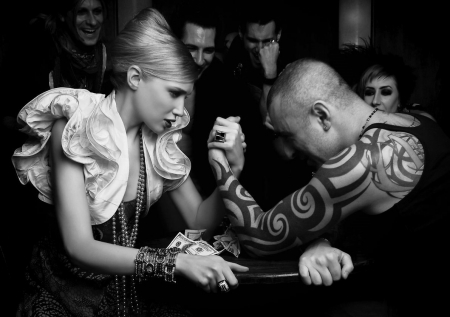 arm wrestling - fun, wp, photography, girl, blonde, black, white, arm wrestling, power