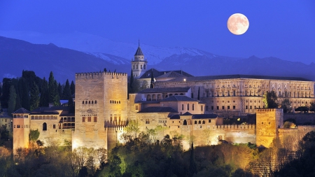 moon rise on the castle - moon, evevning, castle, monestary, mountains, lights