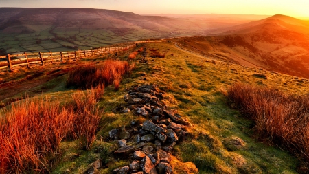 sunrise on a wonderful valley - rocks, fence, valley, fields, sunrise