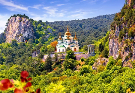 Mountain castle - sky, fresh, mountain, hills, trees, greenery, rocks, nature, clouds, castle, flowers, stones, cliffs