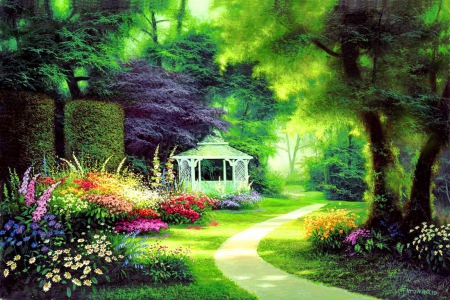 Three lined path - nice, greenery, path, gazebo, spring, three, painting, pretty, blossoms, forestl garden, artwork, green, alleys, grass, park, summer, lovely, bushes, nature, beautiful, flowers, line