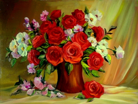 Bouquet of flowers - nice, freshness, roses, fragrance, delicate, room, bouquet, still life, painting, art, pretty, petals, scent, fresh, tender, lovely, vase, beautiful, red, flowers