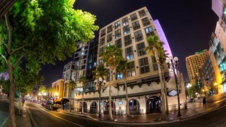 fantastic fish-eye view of san diego street at night - street, fish eye, nigt, buildings, lights