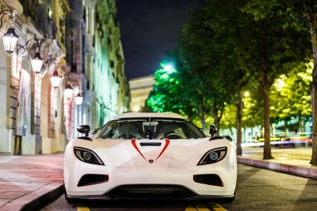 gorgeous koenigsegg on a paris street - street, white, car, lights, night