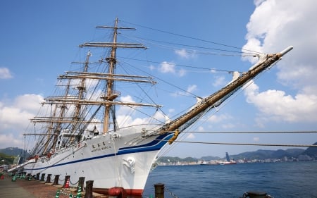 beautiful japanese tall ship in dock - harbor, dock, sails, ship