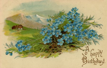 Happy Birthday - forget me not, flowers, post card, vintage