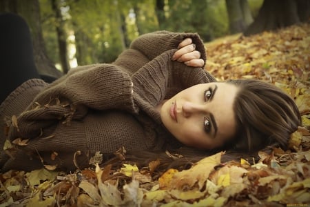 Just Beautiful - laying, romantic eyes, beautiful, autumn, brown, girl, blonde, long hair