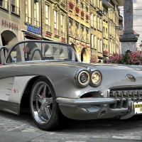 vintage corvette in a european city