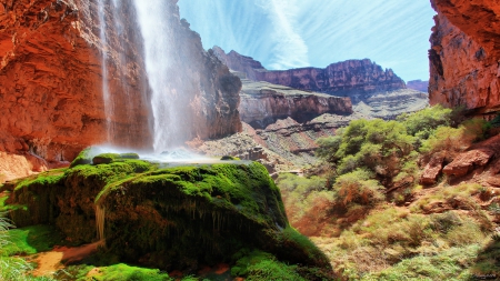 ribbon falls at north kaibab trail in the grand canyon - trail, falls, moss, rocks, canyon