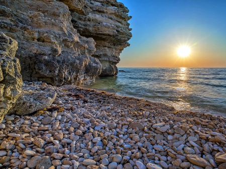 Sunset on a Rocky Beach - ocean, nature, rocks, sunset