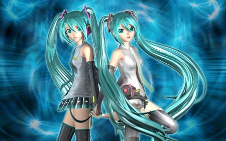 Duo - realistic, female, hot, append, anime girl, anime, miku, cute, hatsune miku, sexy, girl, append miku, twintails, long hair, cg, hatsune, vocaloids, hd, abstract, 3d, vocaloid, green hair