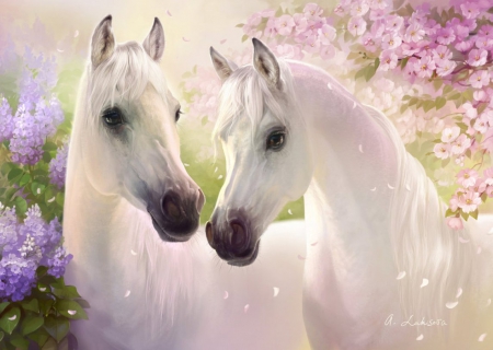 Horses - horses, white, painting, flowers