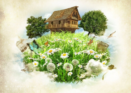 Spring is in the Air - house, fantasy, fields, air, spring