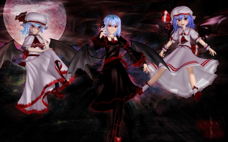 A Fistful of Scarlets - realistic, remilia scarlet, female, hot, creepy, eerie, wings, darkness, evil, anime girl, gloom, red eyes, touhou, sinister, dark, anime, cute, short hair, moon, sexy, gloomy, girl, cg, devil, hd, blue hair, 3d, wing