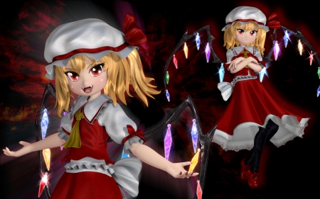 Flandre - blond hai, anime, female, wing, flandre scarlet, dress, blonde, dark, short hair, touhou, red, anime gir, blond, hd, abstract, realistic, hot, girl, blonde hair, darkness, red eyes, cg, wings, cute, 3d, sexy