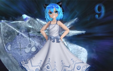 Bear of a Victory - cute, hot, anime girl, girl, wings, 3d, fairy, blue hair, sundress, touhou, short hair, cirno, wing, anime, hd, dress, cg, sexy, female, realistic