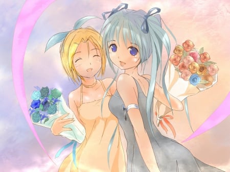 Flowers For You!! - hatsune miku, rin kagamine, tears, bouquets, vocaloid, anime, friends