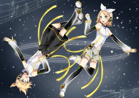 Len & Rin Kagamine - vocaloid, anime, floating, twins, len and rin kagamine, musical notes, blonde