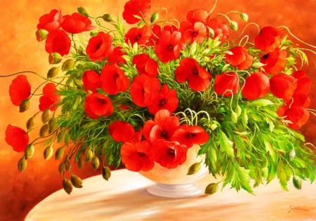 Bouquet of poppies - nice, freshness, delicate, bouquet, lovely, still life, vase, art, pretty, red, beautiful, leaves, flowers, poppies