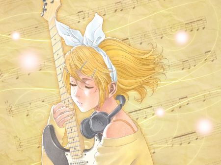 ~Music & Me~ - guitar, vocaloid, anime, headphones, white bow, rin kagamine, musical notes, blonde