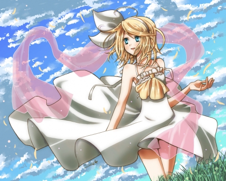 ~Peaceful Days~ - spring, vocaloid, blonde, anime, dress, grass, sky, pedals, clouds, rin kagamine