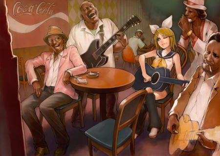 ~Music & Laughter~ - coca cola, vocaloid, anime, tables, rin kagamine, guitars, chairs, friends