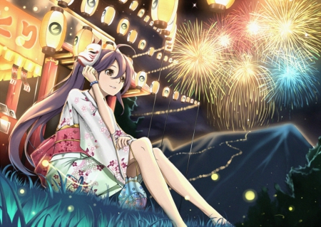 FireWorks - anime, female, festival, lamp, night, light, home, mask, sparks, fireworks, house, anime girl, beautiful, hot, girl, beauty, kimono, yukata, lantern, cute, sexy