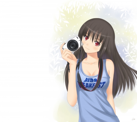 Camera - sexy, hot, girl, female, long hair, simple, anime girl, brown hair, hd, red eyes, white, camera, plain, anime, cute