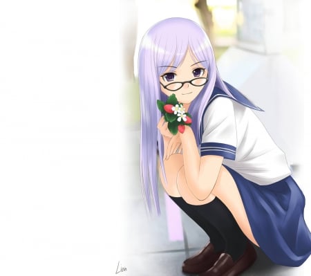 StrawBerry - pretty, anime, female, long hair, plain, hd, fruit, nice, purple hair, sunglasses, anime girl, strawberry, hot, girl, simple, lovely, sweet, white, glasses, cute, sexy